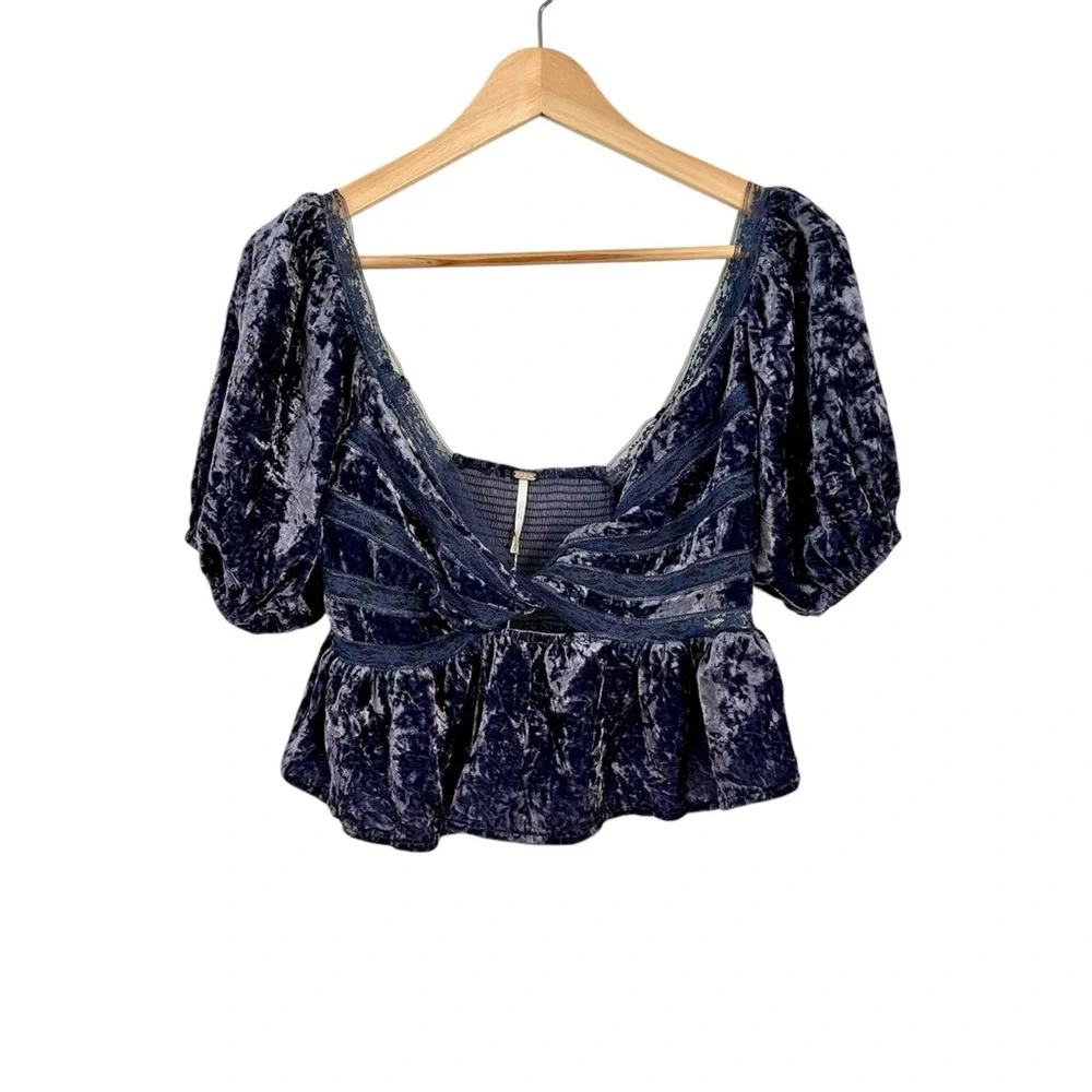 FREE PEOPLE Yours Truly Dark Blue Velvet Peplum Blouse Top Keyhole Cutout XS